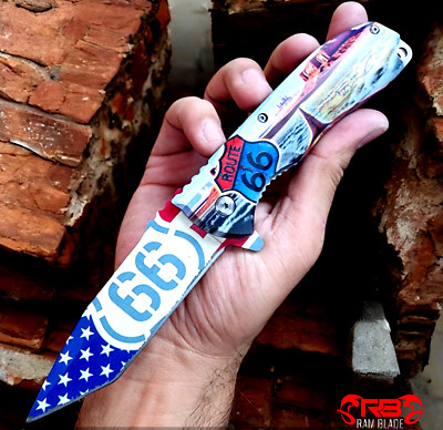 8'' PRINT HANDLE ROUTE 66 SPRING ASSISTED FOLDING POCKET KNIFE Blade Assist Open