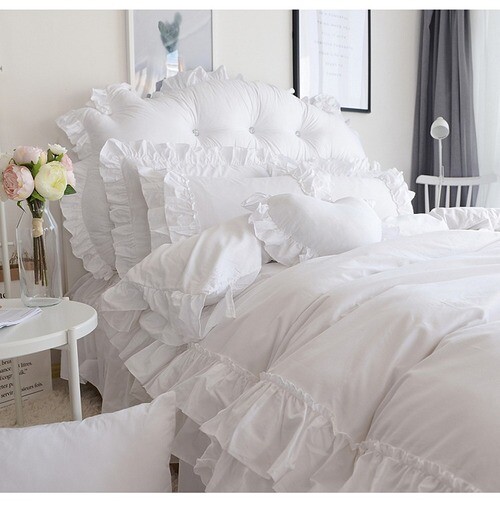 White Princess Bedding Set Luxury 4/6pc Ruffles Cover Set Bedspread Bed