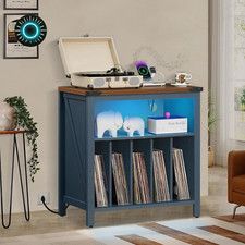Large Record Player Stand with Charging Station LED Lights Vinyl Records Stora