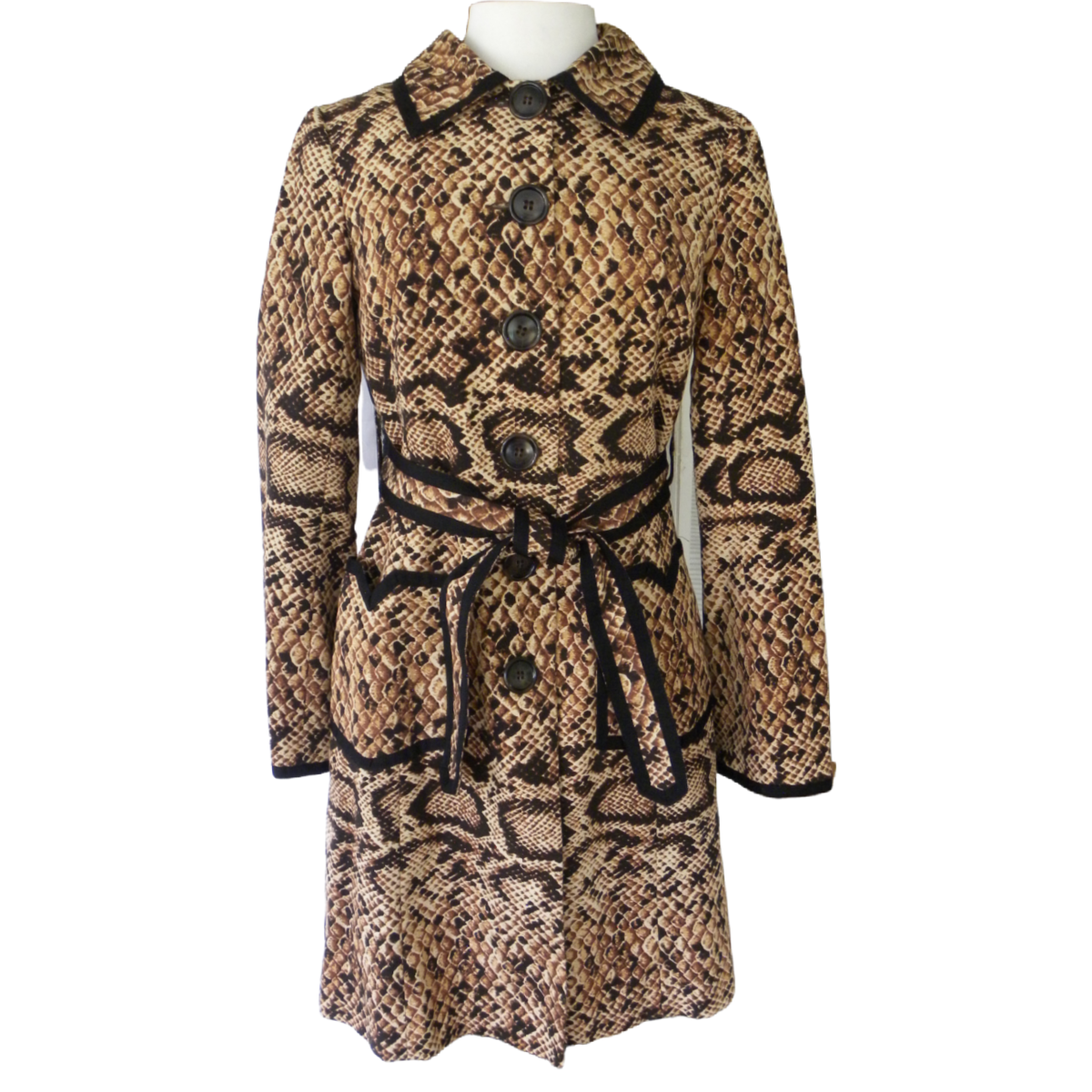 Nanette Lepore Trench Coat Black Tan Python Size Snake Skin