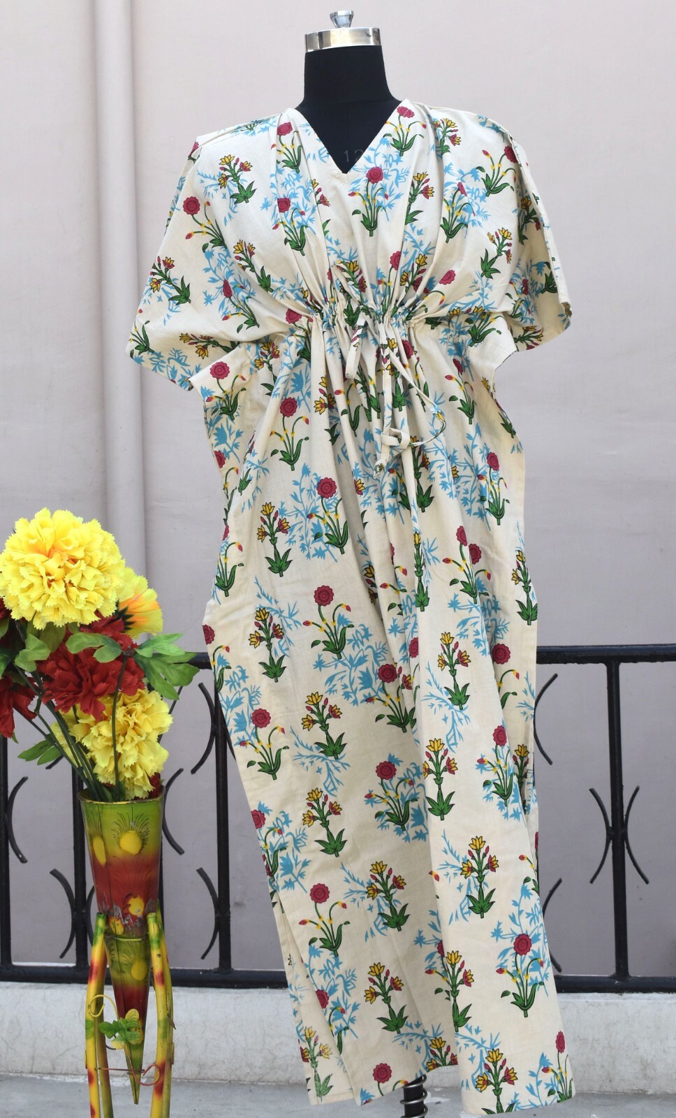 V- Neck Cotton Maxi Dress Hand Block Print Kaftan Bohemian Resort Wear Caftan