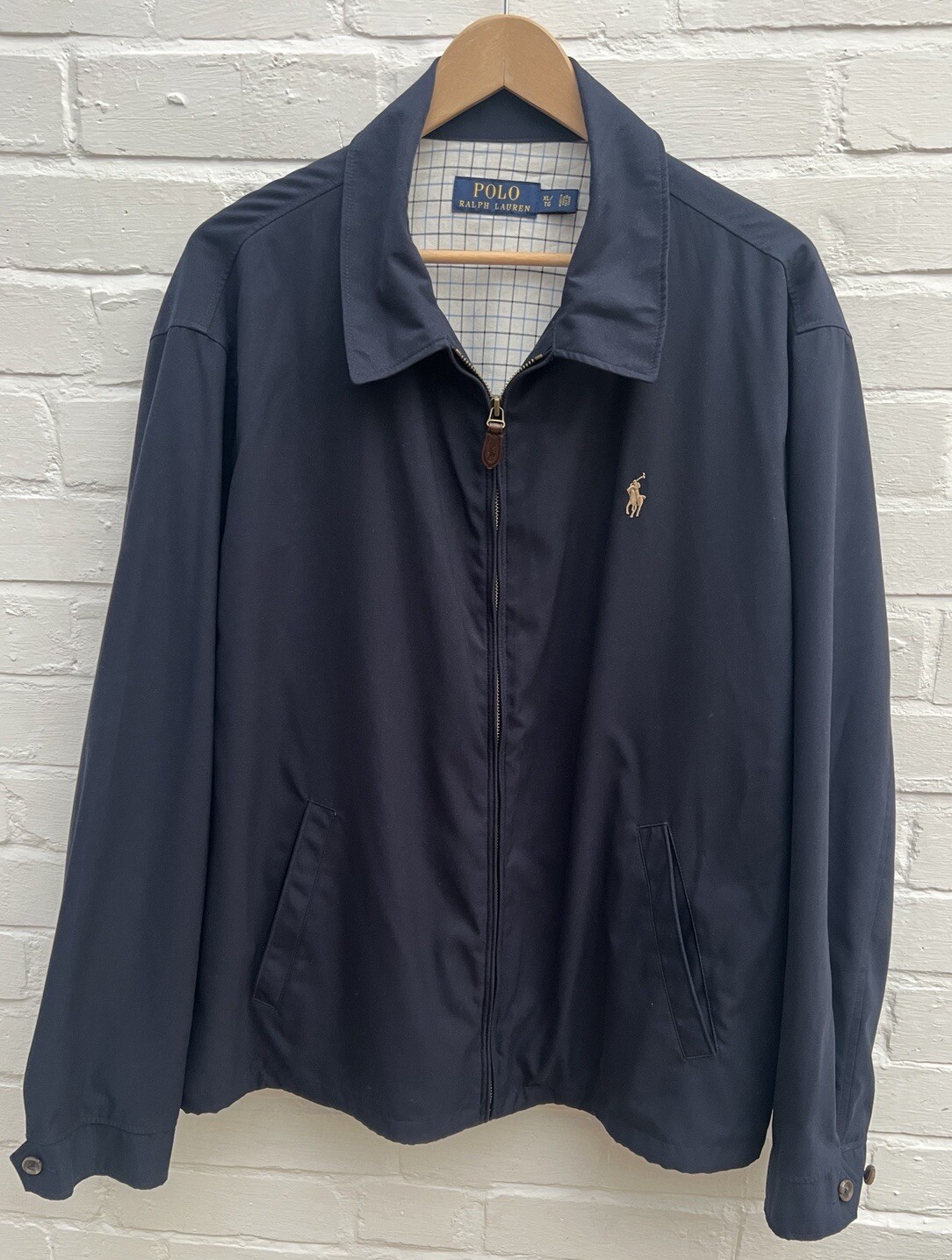 Giacca Ralph Lauren da uomo XL blu navy con cerniera a scacchi pony