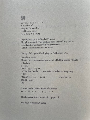 2003 NUALA O'FAOLAIN 'Almost There - A Memoir' SIGNED COPY HC DJ 1st SIGNED VG! - Bild 4 von 8