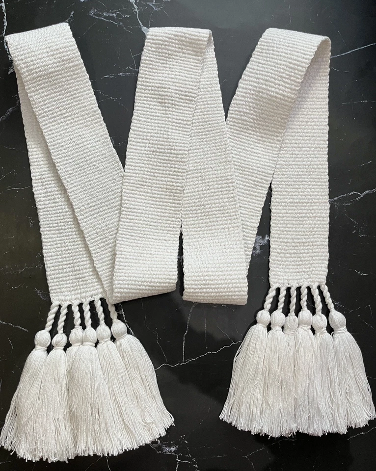 Cotton Belt White Woven Sash Krajka Tribal Tassels Accents Monochrome Strap Boho - Image 3 of 4