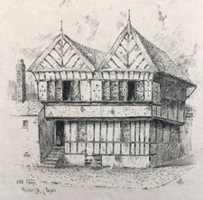 Original Pen & Ink Signed & Dated 1917 Old House, Bridge Street, Chester