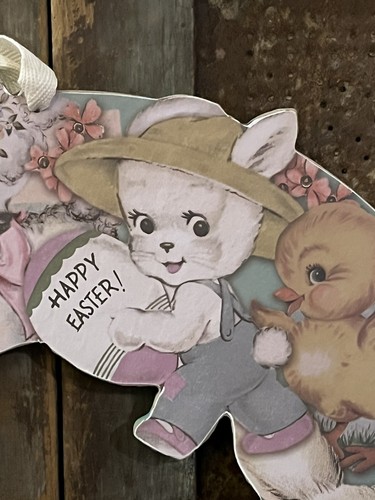Happy Easter Bunny Vintage Retro Card Style Wood Wreath Duck Lamb Chick 14" - Picture 2 of 8