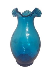 Vintage Art Glass 9" Vase Aqua Blue Thumbprint Crimped Ruffled Edge Bud Vessel