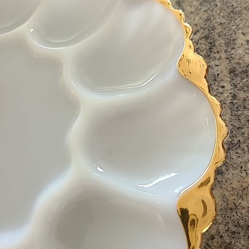 Anchor Hocking Fire King Deviled Egg Plate Milk Glass With Gold Trim 10” Vintage - Picture 3 of 4
