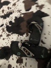 Montana West Woman's Size 9 Black Wedge Flip Flops Bling Flower Turquoise Concho