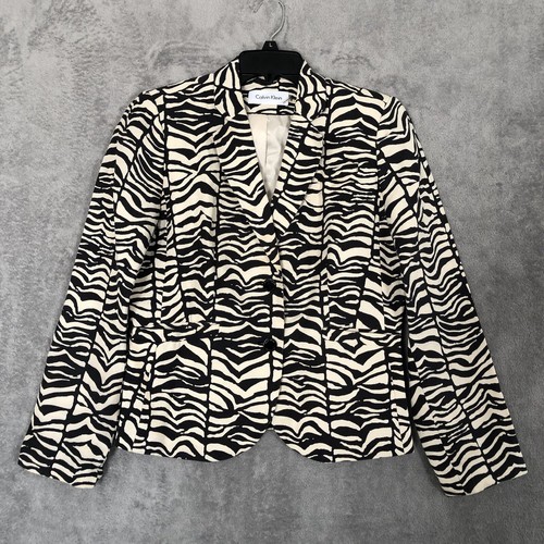 Calvin Klein Linen Blend Jacket Black White Zebra Animal Print Lined Womens 8