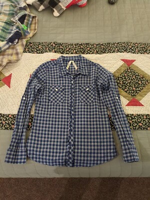 Girl Krazy Tab Long Sleeve Blouse Button Down Shirt Top Size 12 Blue Plaid 
