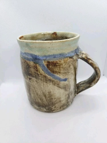 Hand Turned Studio Art Pottery Coffee Mug Brown Tan Blue Artist Signed 