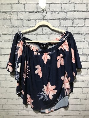 Yoins, Women XL, Navy Blue Floral Short Sleeve Off Shoulder Blouse, Poly Satin