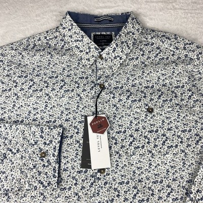 LEVEL TEN Shirt Mens XL White w/Blue Floral Print Contrasting Trim New w/Tags!