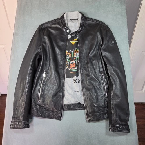 Diesel Franklin Sheepskin Leather Jacket Black Moto Biker Zip-Up Designer Size L - product listing photo