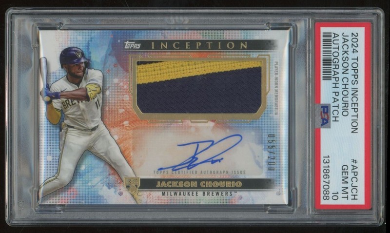 JACKSON CHOURIO 2024 TOPPS INCEPTION PATCH AUTO /200 RC PSA 10