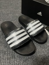 Adidas Adilette Comfort Slide Sandals Kids Size 1 Black White Silver Glitter NEW