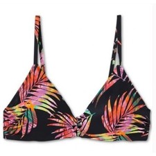 Shade Shore 38DD Black Tropical Palm Leaf Twist Strappy Front Bikini Top