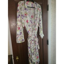 Vintage Victorias Secret Gold Label Floral Satin Jacquard Robe White ML