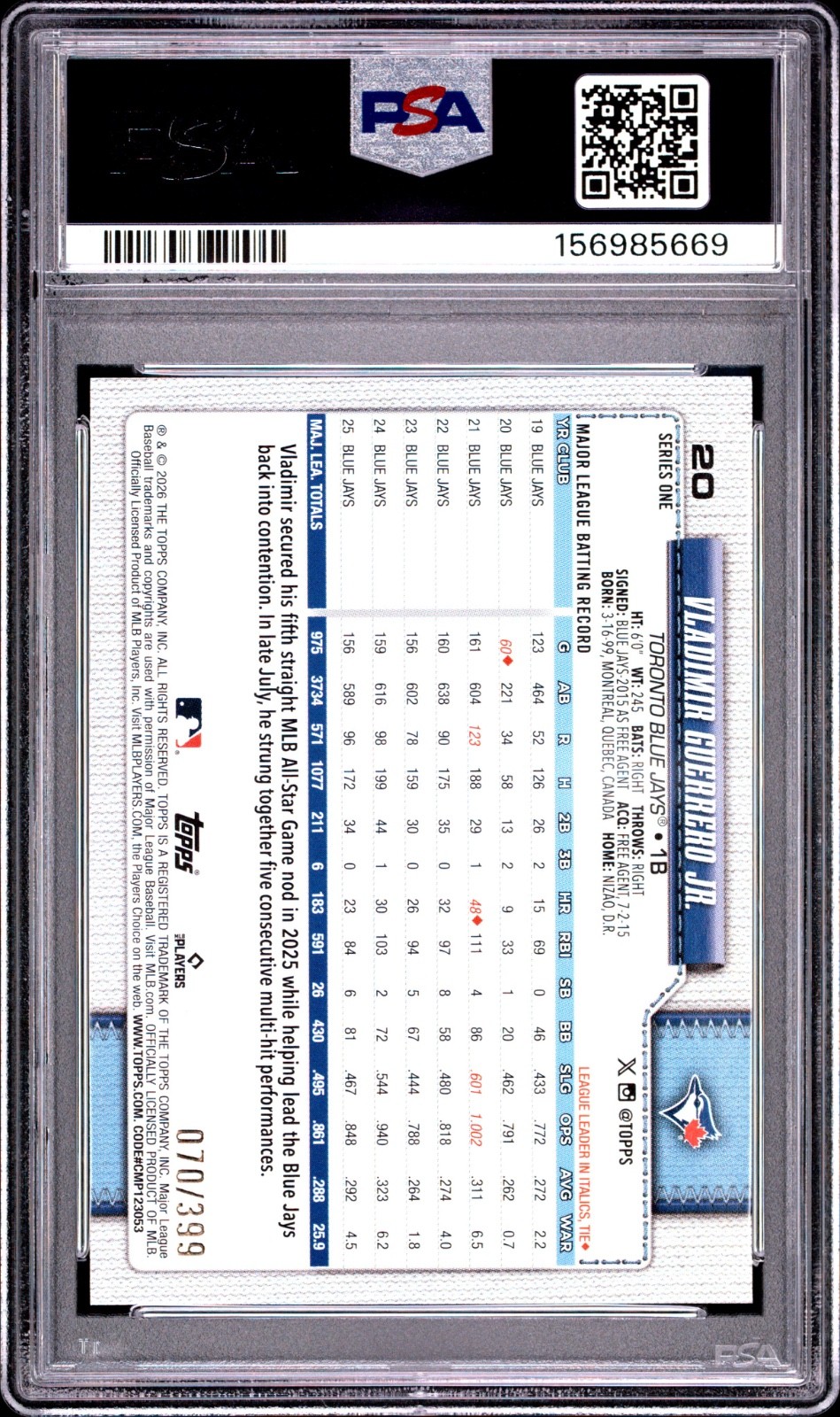 2026 Topps Vladimir Guerrero Jr Yellow Rainbow Foil 070/399 PSA 9 Mint view 2