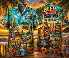 Funny Beer Hawaiian Shirt    Beer Because Adulting Is Hard  Tropical Party Shirt