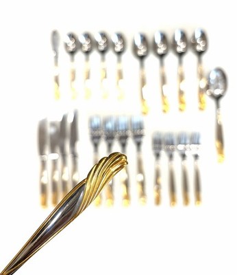 Cambridge Stainless Steel Gold Florentine Flatware Complete Set of 23, Korea