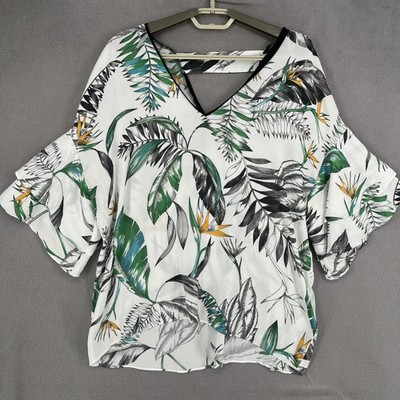 Witchery Top Womens 12 White Green Set Blouse Keyhole Floral V Neck Flutter