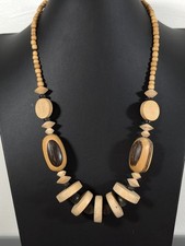 Vintage Tribal Brown Wood Disc Chunky Statement Boho Festival Necklace 24 in