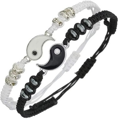 2pcs Couple Black White Tai Chi Rope Bracelets Adjustable Daily Jewelry - NEW