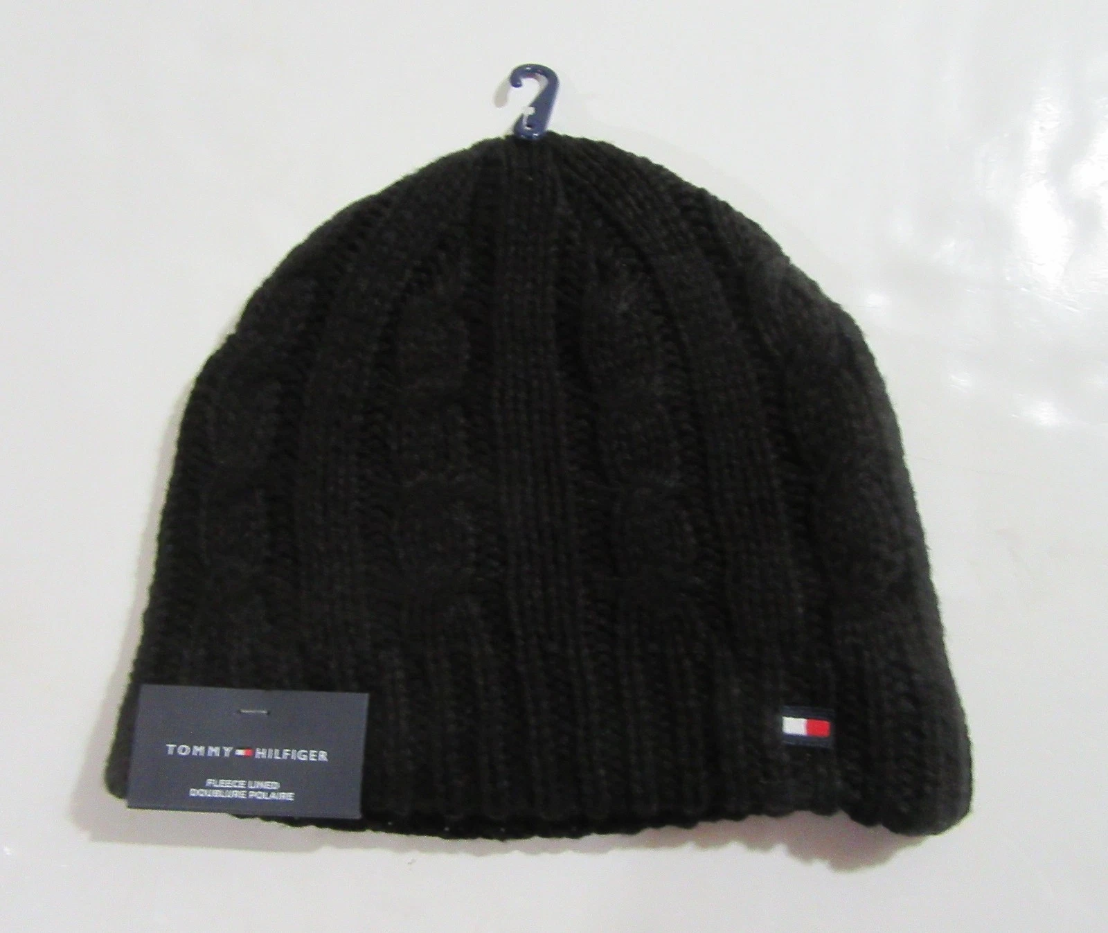 Tommy Hilfiger Fleece Lined Winter Cable Knit Beanie Hat Black NWT
