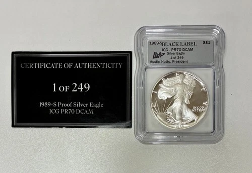 1989-S Proof American Silver Eagle, ICG PR-70 DCAM, Black Label w/ COA
