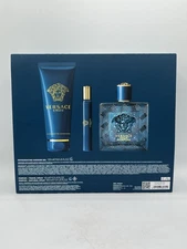 Versace Eros 3pc Gift Set 3.4+0.3oz Parfum +5oz Shower Gel New In Box Authentic.