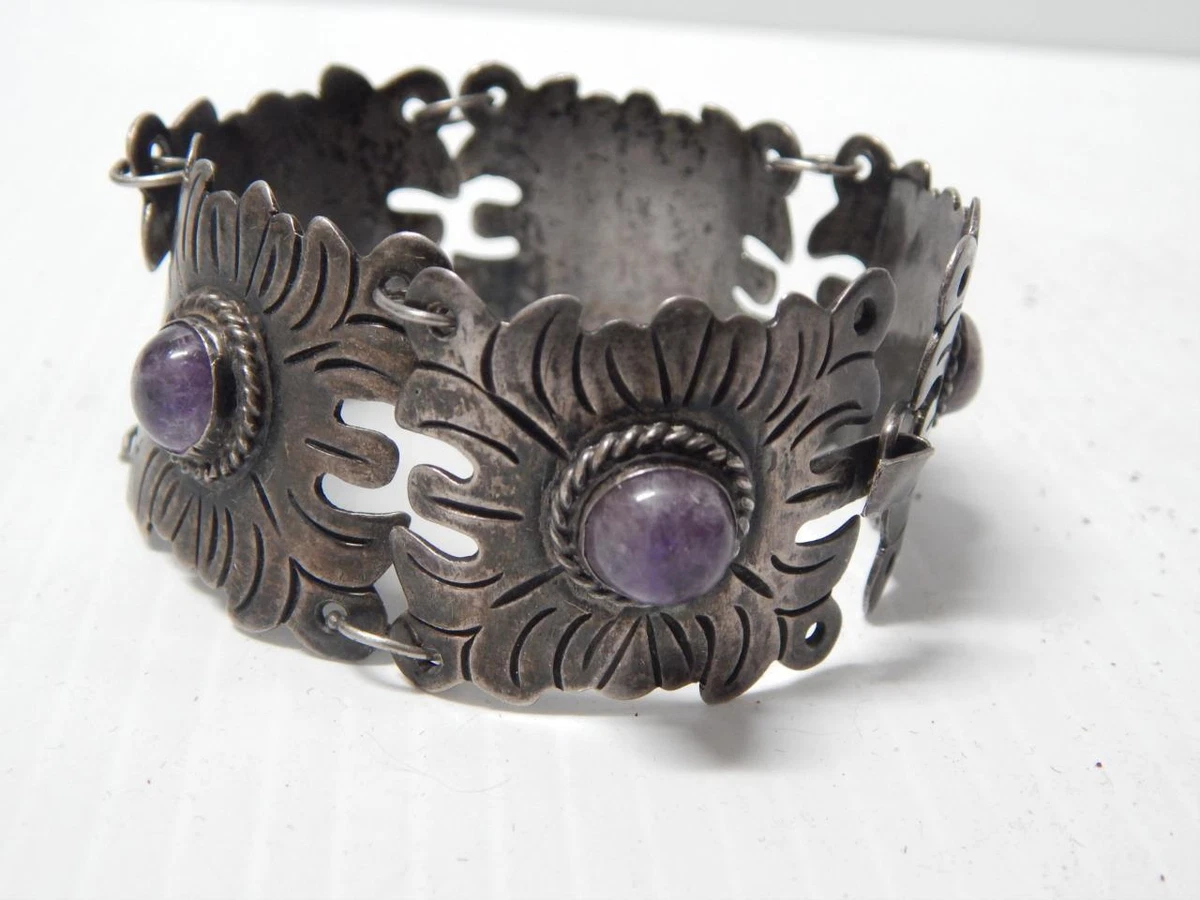 ANTIQUE VINTAGE MEXICAN STERLING SILVER AMETHYST LINK / PANEL BRACELET XTRA NICE