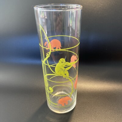 Vintage MCM Federal Glass Pink Elephant & Monkey Musical Notes Highball Glass