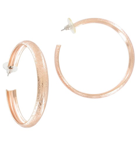 Ky & Co Rose Gold Tone Etched Floral Round Large Hoop Earrings 2 3/8" USA Made - Picture 3 of 5