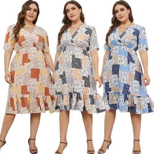 Women Floral Print Short Sleeve Knee 