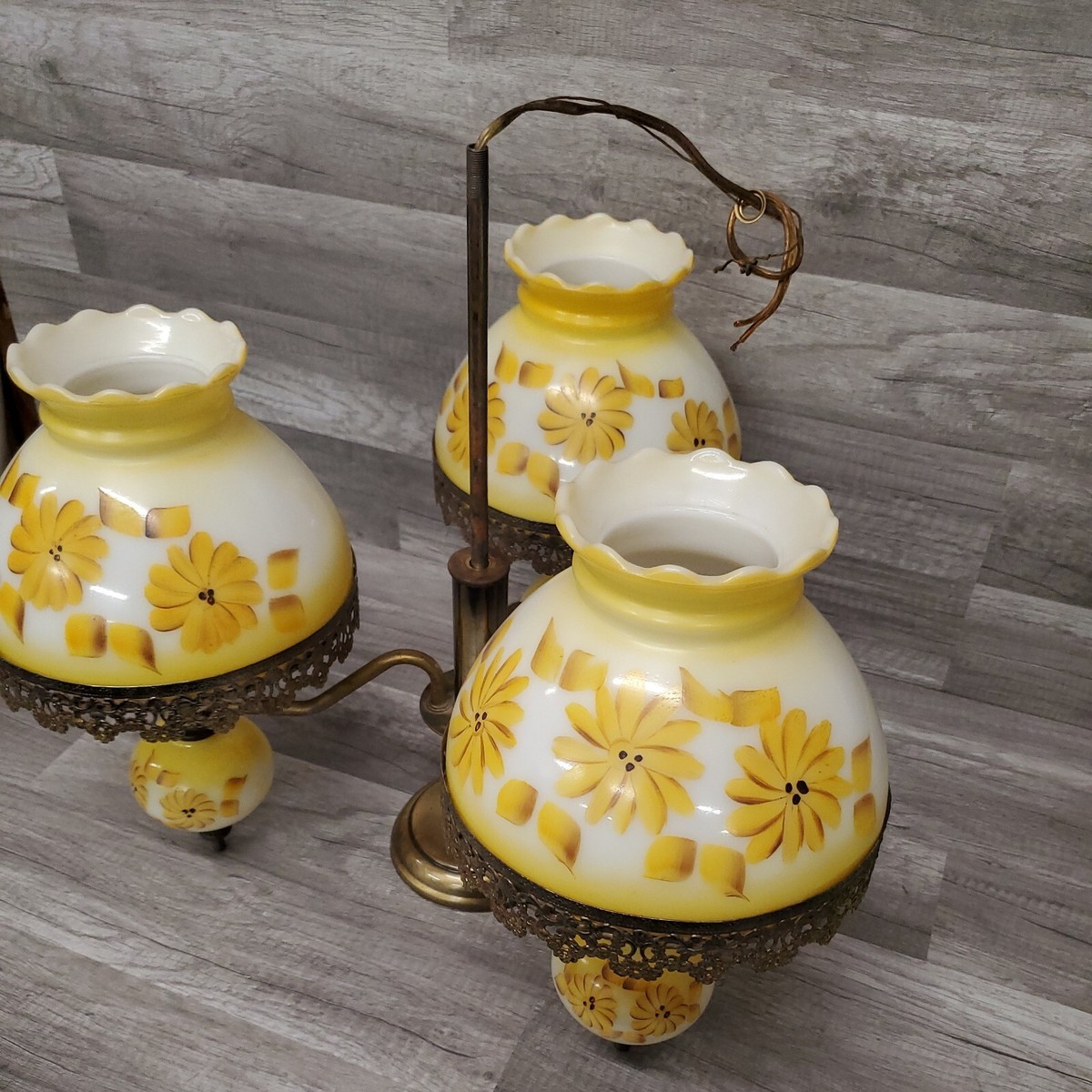 Vintage MCM 3 Light Chandelier Hurricane Lamp Shade Yellow Floral