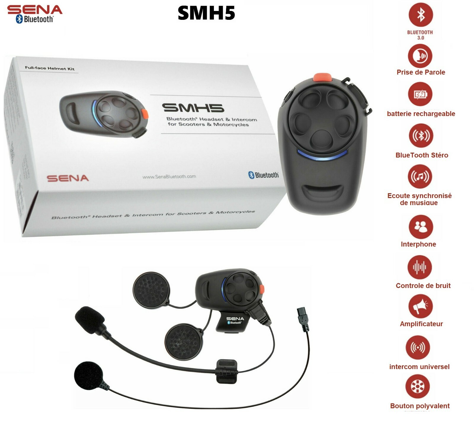 Sena SMH5 Système de Communication Bluetooth Trajet Moto Solo