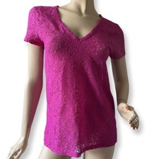 T-shirt vintage primi Y2K - DKNY - rosa fluo pizzo trasparente