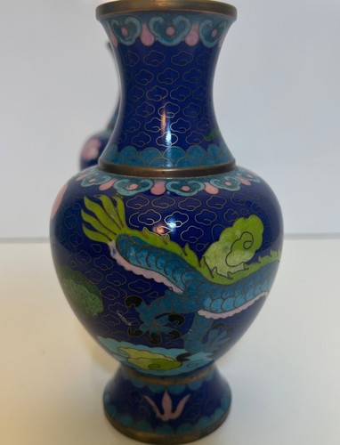 Set 2-Vintage 1970 6 1/4" Chinese Enamel Cloisonné' Brass Dragon Vase Stunning!! - Picture 11 of 11