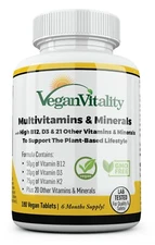 Vegan Vitality Multivitamins & Minerals with High Strength Vitamin B12, D3 & K2