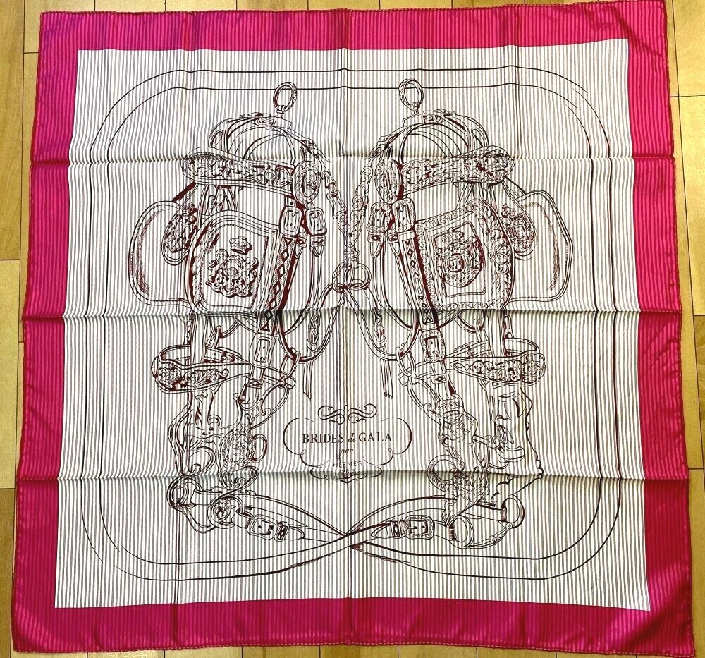 HERMES Silk Scarf BRIDES de GALA par stripe 100% Silk Pink