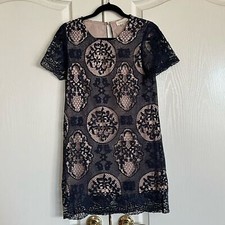 Promesa navy blue lace overlay round neck short sleeve dress Small!‎