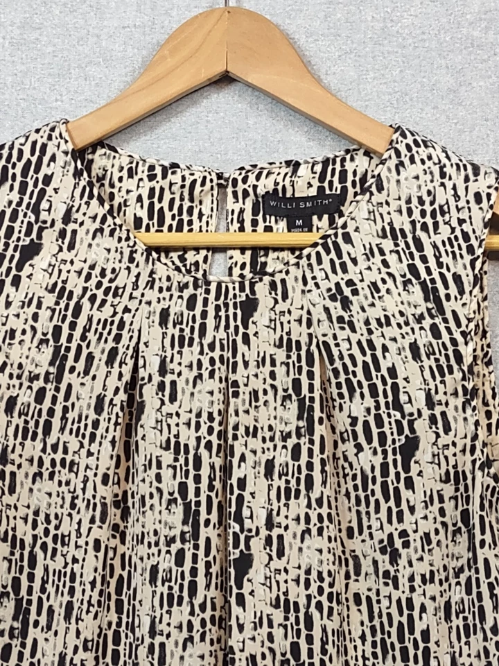 Blusa Willi Smith Top Mujer Mediana Negra Beige Estampada Plisada Rayón Sin Mangas Foto 3 de 4