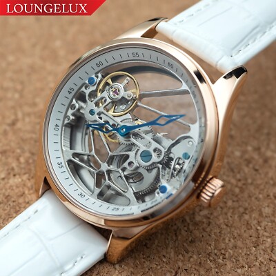 Mens Flywheel Bridge Movement Automatic Mechanical Watch Rose Gold White Leather