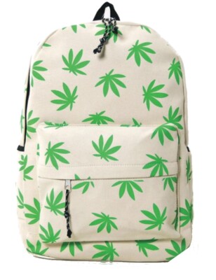 Fresh Green Palmate Leaves Beige Canvas Backpack Satchel Bag