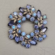 Wreath Brooch Blue Acrylic Round Marquise AB Rhinestones Modern 2.25"
