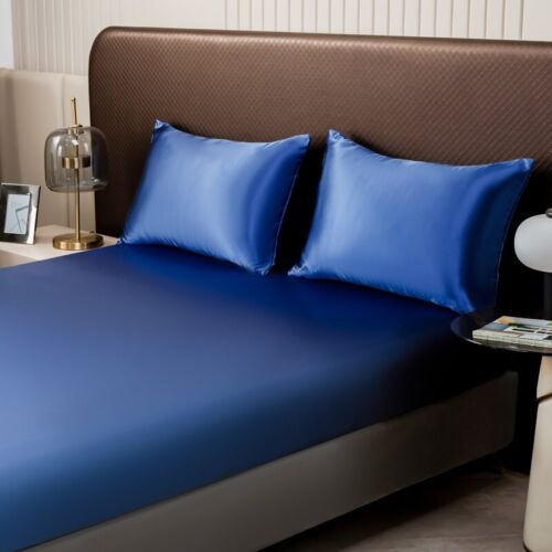 3pc Satin luxury Solid Color Bed Fitted Sheet and Pillowcase Upscale Adjustable - Picture 9 of 28