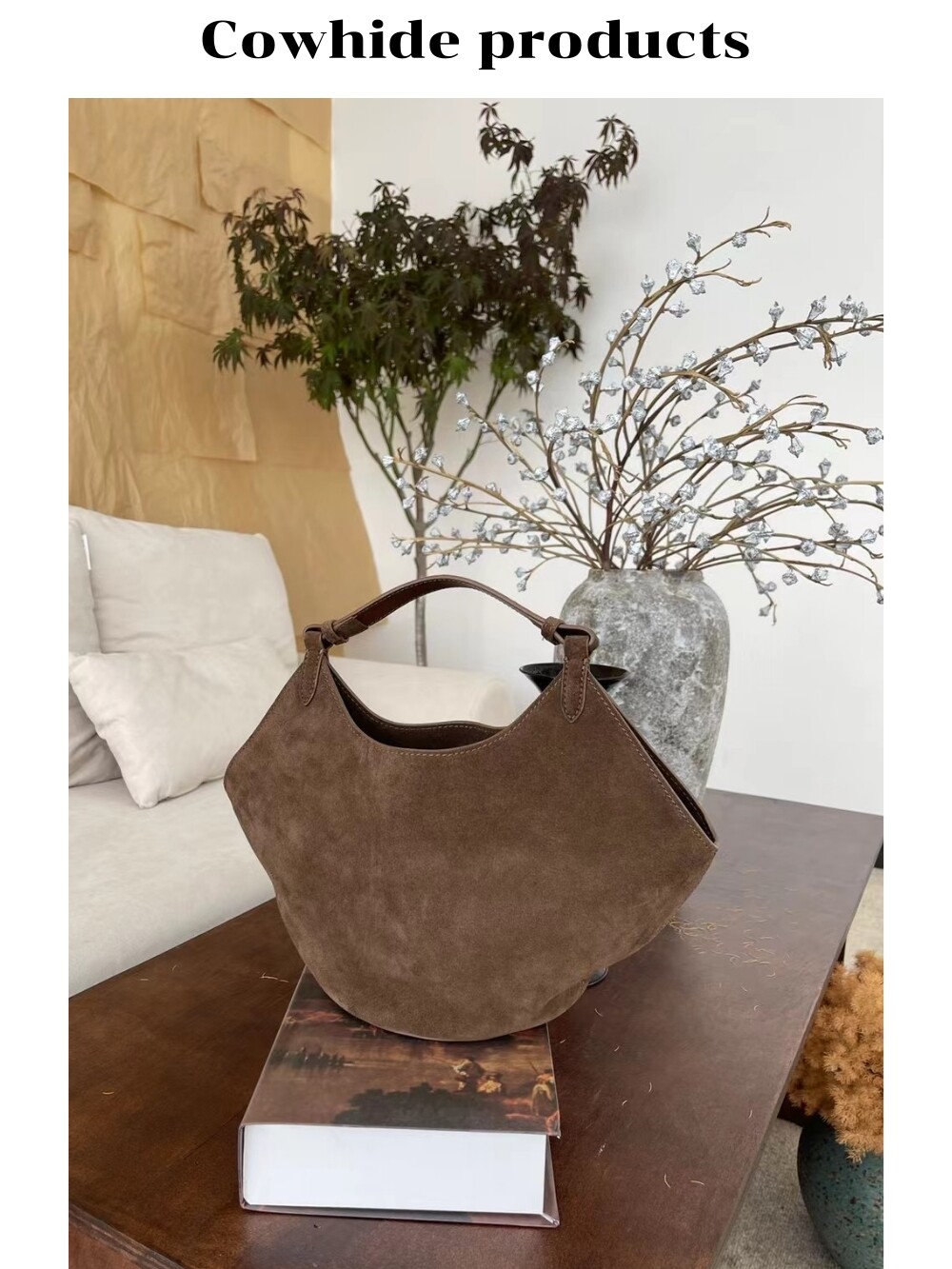 Frosted Cowhide Suede Dumpling Bucket Tote Handbag  -image