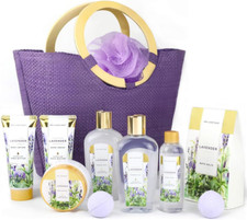 Lavender Spa Gift Set, 10Pcs Pamper Women, Relaxing Bath Essentials, Tote Bag